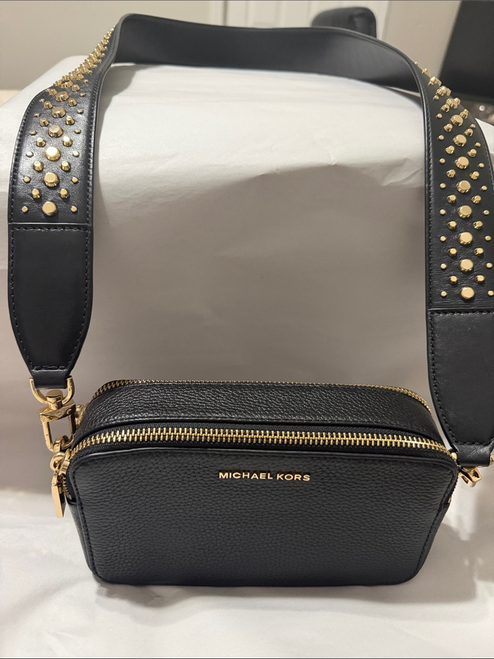 Michael Kors Black Pebbled Leather Crossbody Camera Bag with Gold Stud Strap